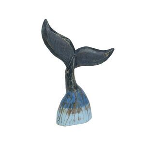 Coastal Blue Carved Wooden Whale Tail Tabletop Statue 16 Inches High